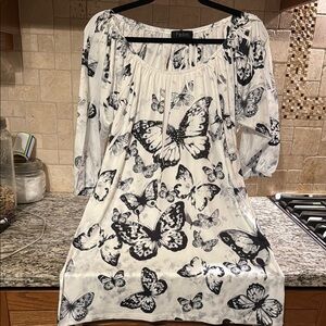 Papillon XL Blanc Cream Butterfly Blouse Smocked 3/4 Sleeve